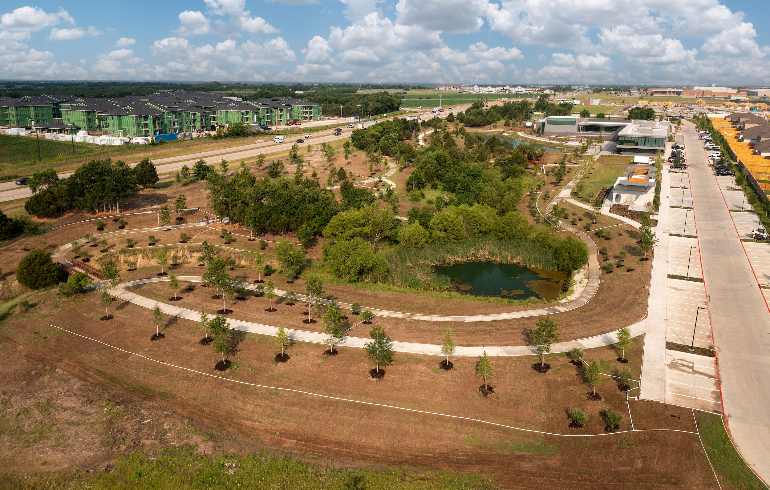 Aerial of walking trail by the business park